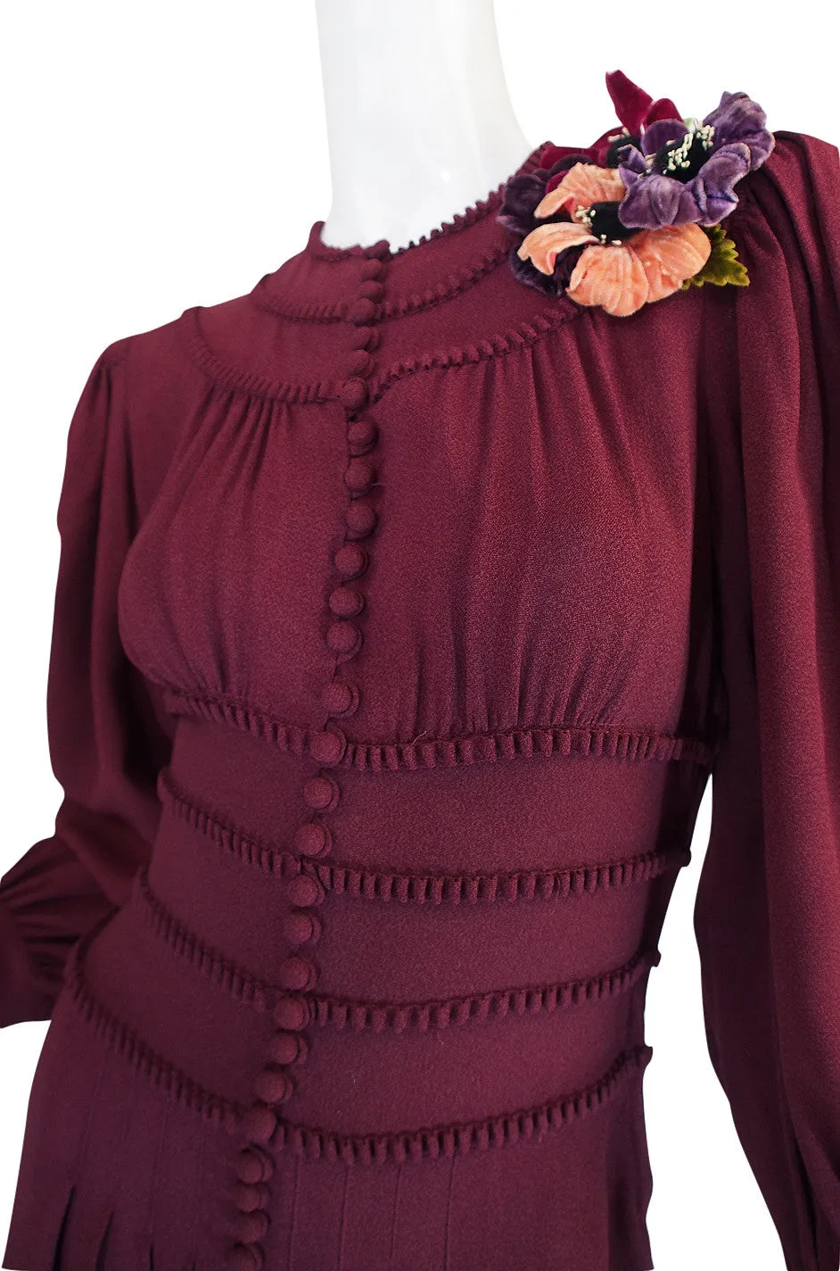 1940s Amazing Burgundy Crepe Swing Dress