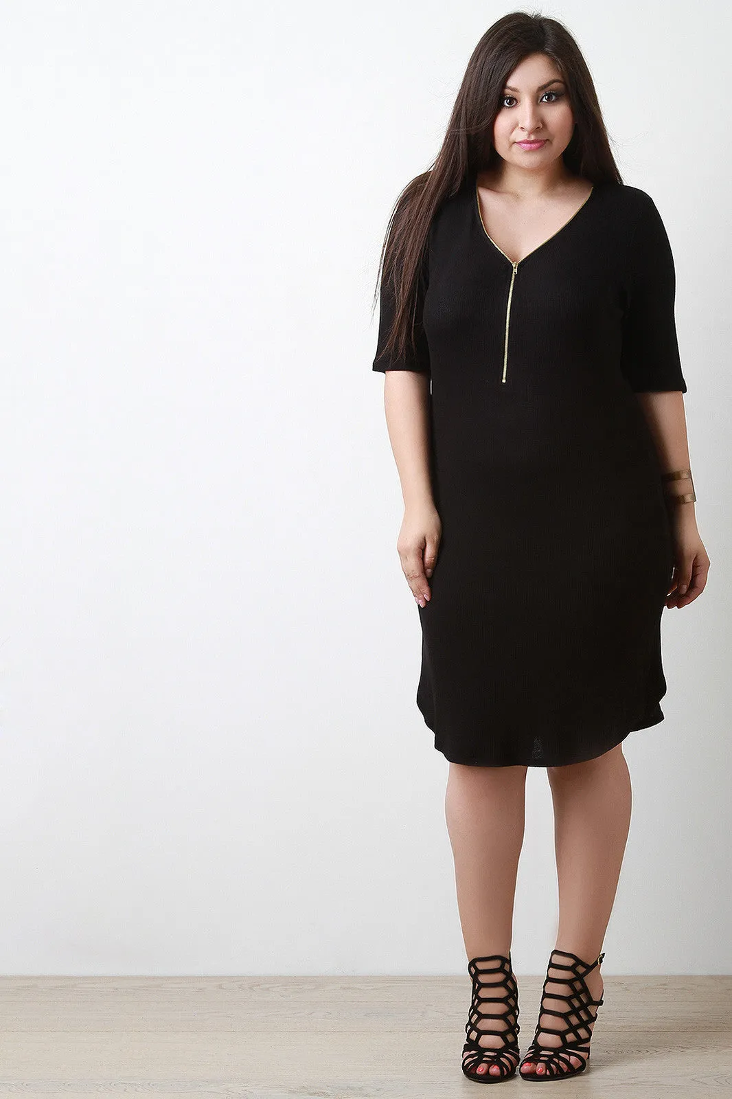 Adjustable Zip Neckline Thermal Knit Dress