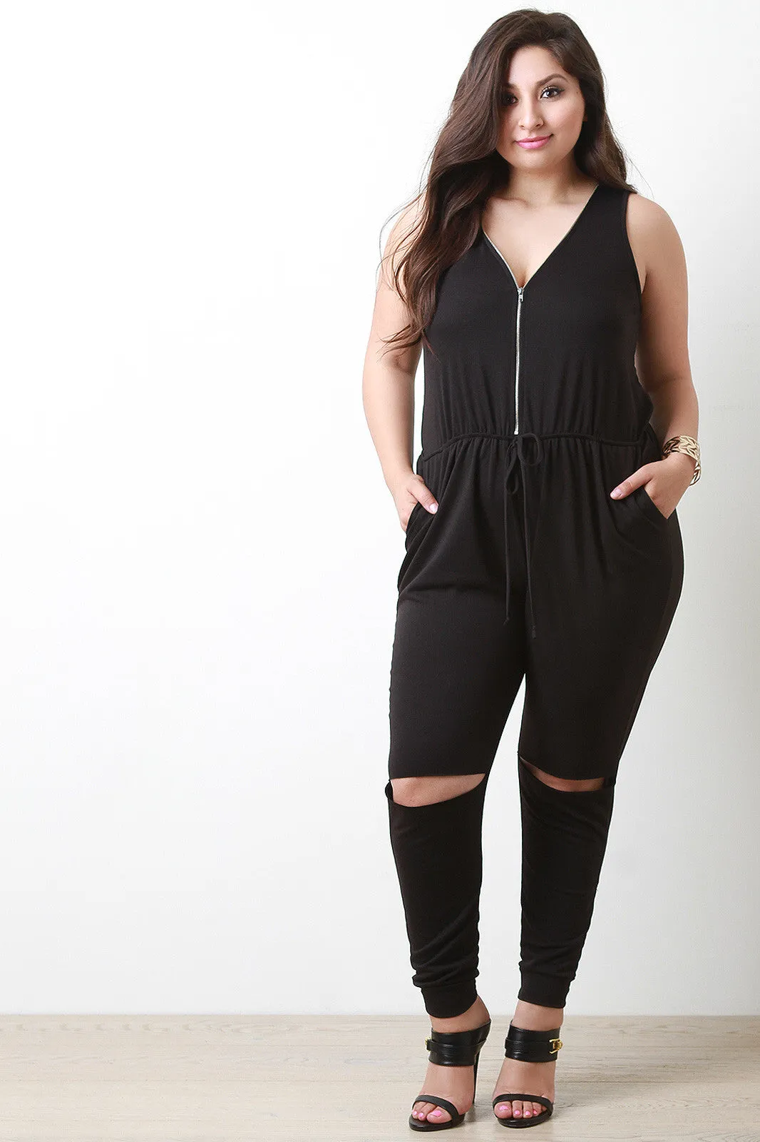 Adjustable Zippered V-Neckline Knit Jumpsuit