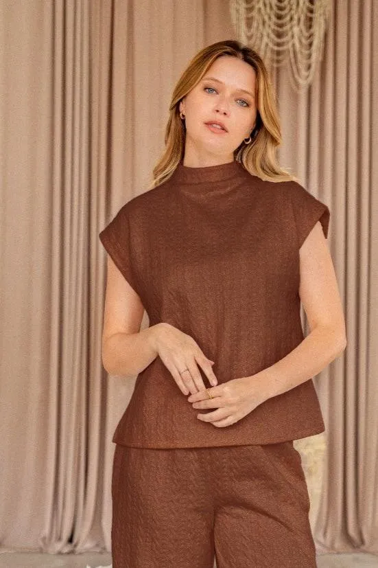 Cable Knit Drop Shoulder Top in Brown