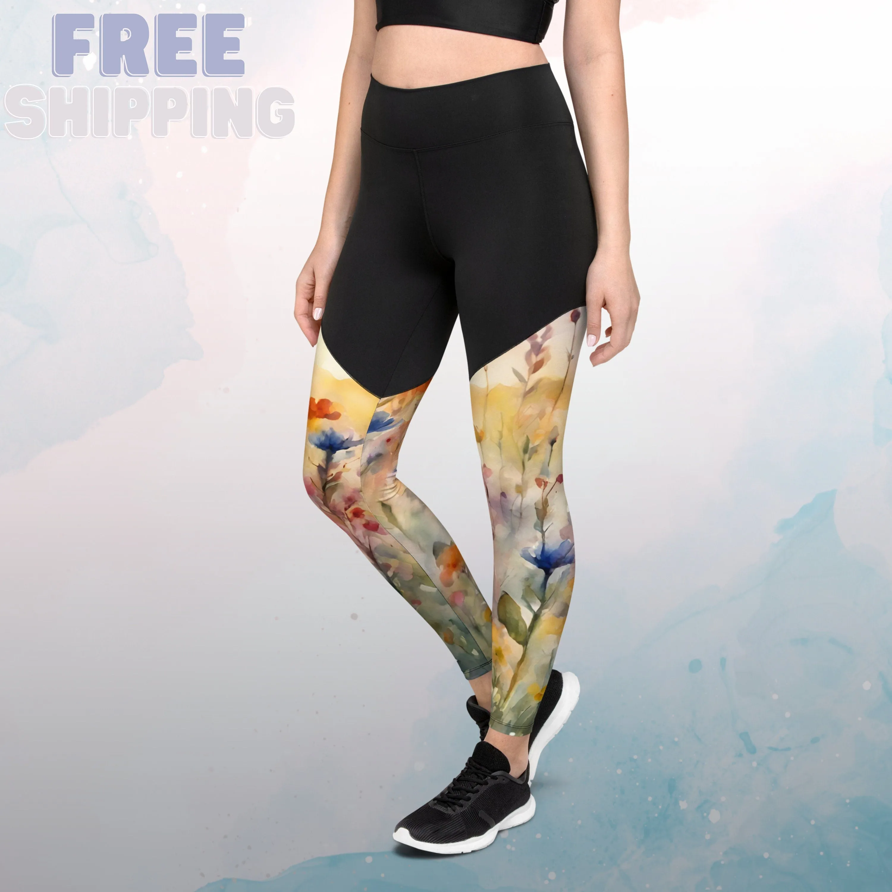 Field of Watercolor Wildflowers Womens Compression Sports Leggings Gym Gift