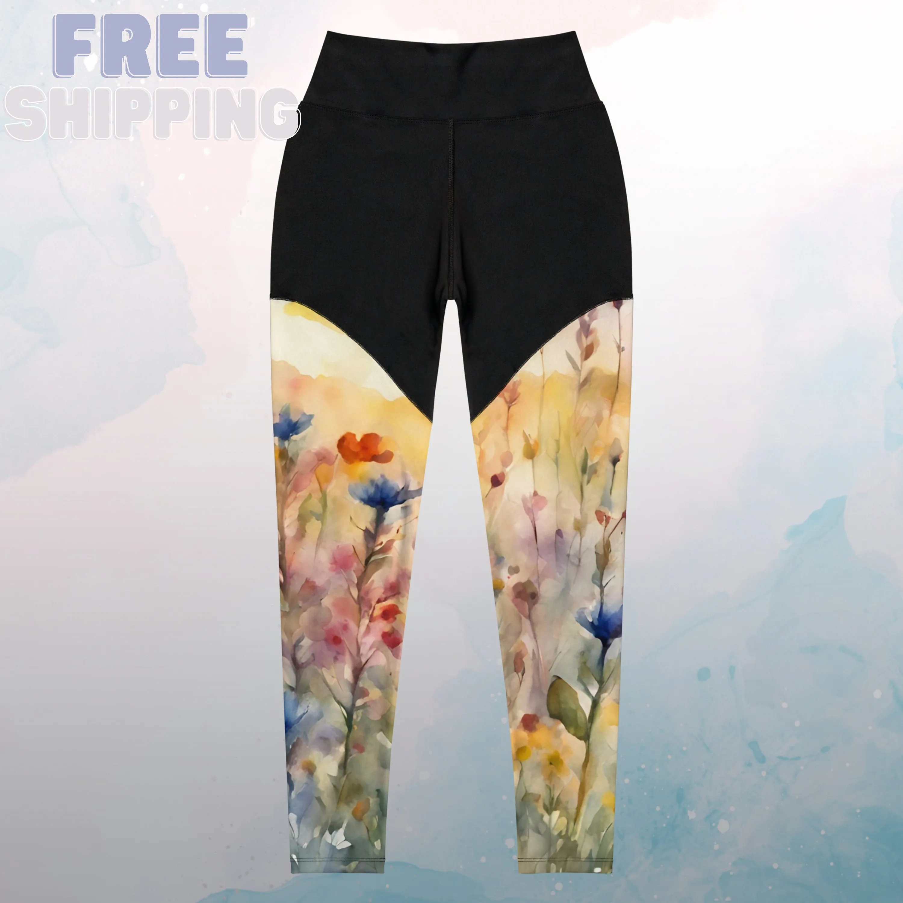 Field of Watercolor Wildflowers Womens Compression Sports Leggings Gym Gift