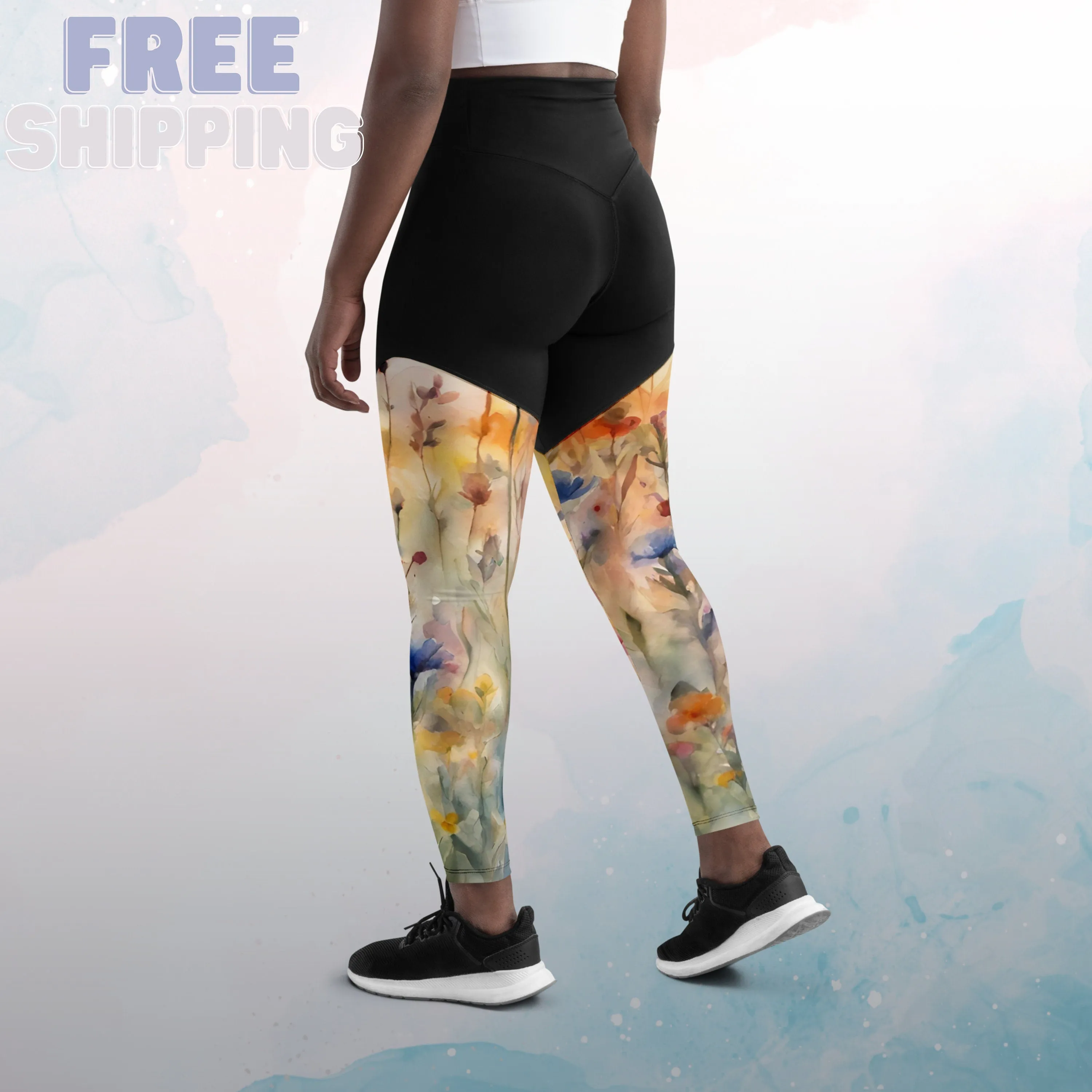 Field of Watercolor Wildflowers Womens Compression Sports Leggings Gym Gift