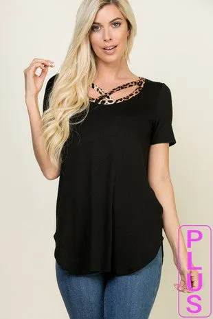 Leopard Trim Short Sleeve Knit Top (Plus)