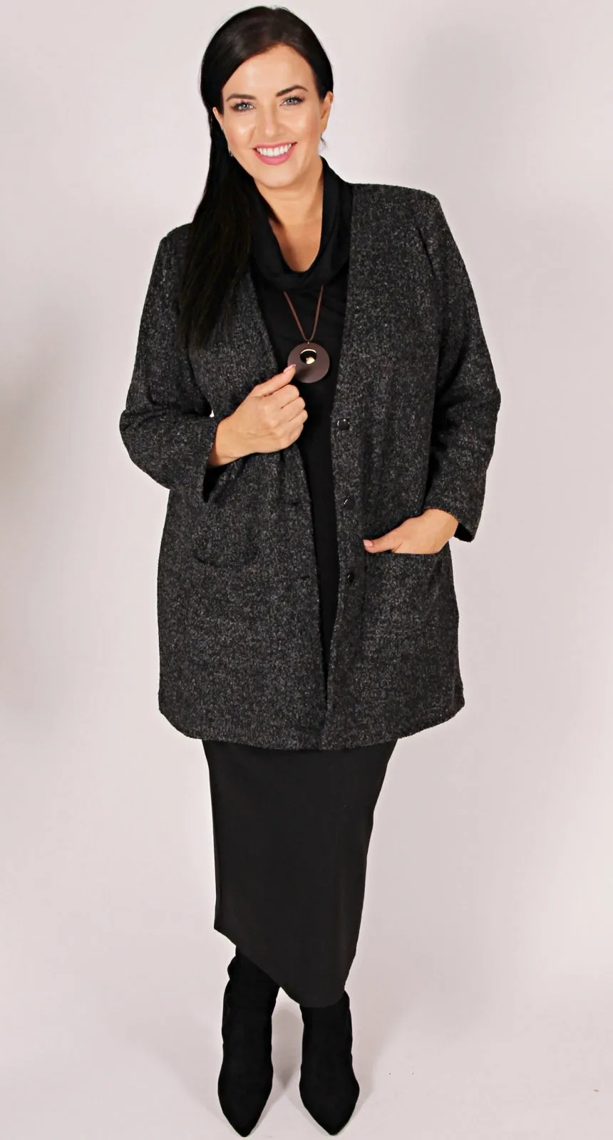 Long-Line Jacket Boucle Knit Charcoal