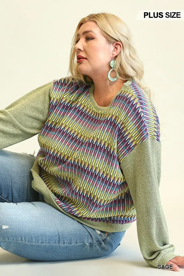 Novelty Knit And Solid Knit Mixed Loose Top With Drop Down Shoulder