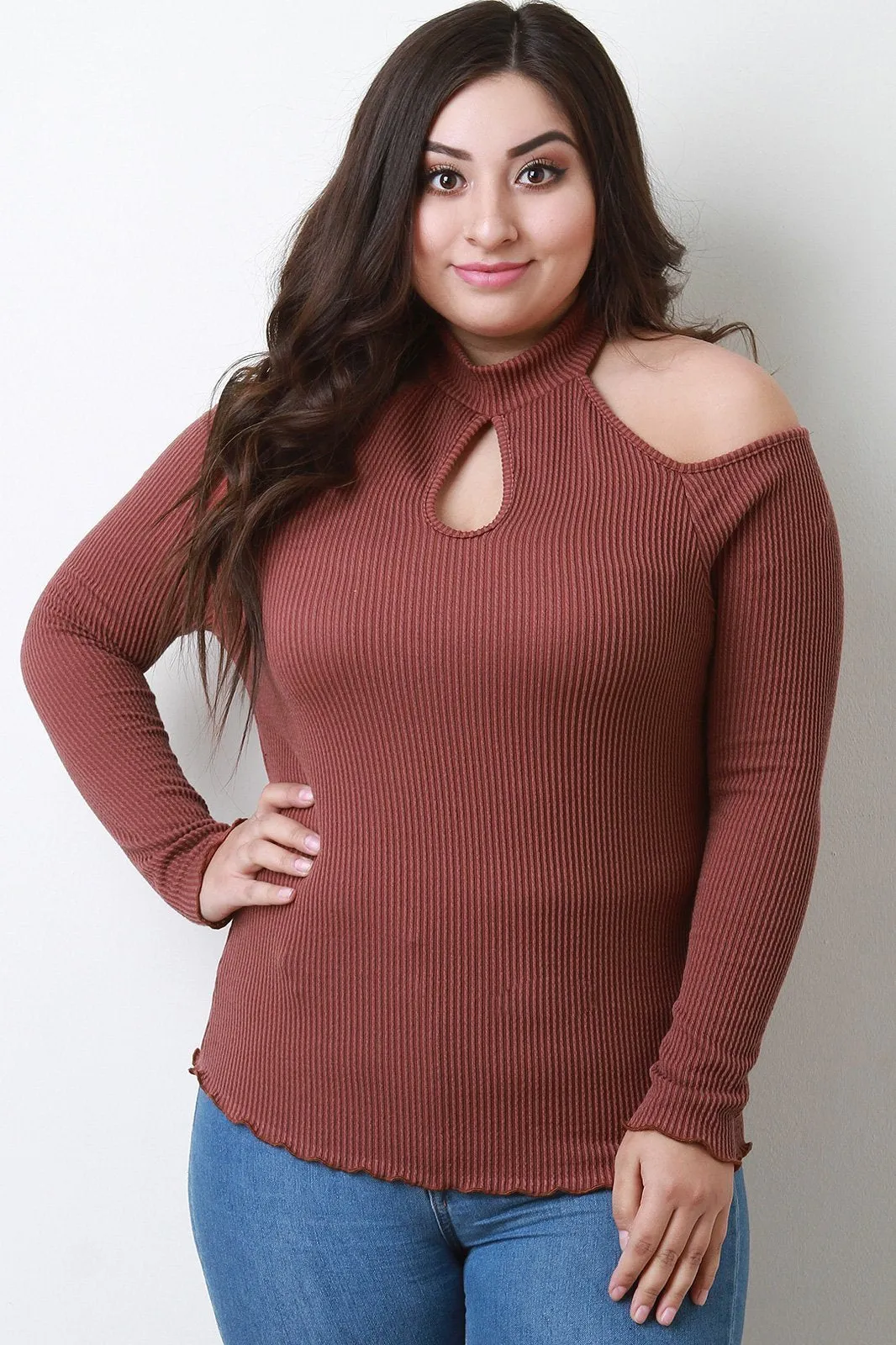 Ribbed Knit Cold Shoulder Mock Neck Keyhole Top