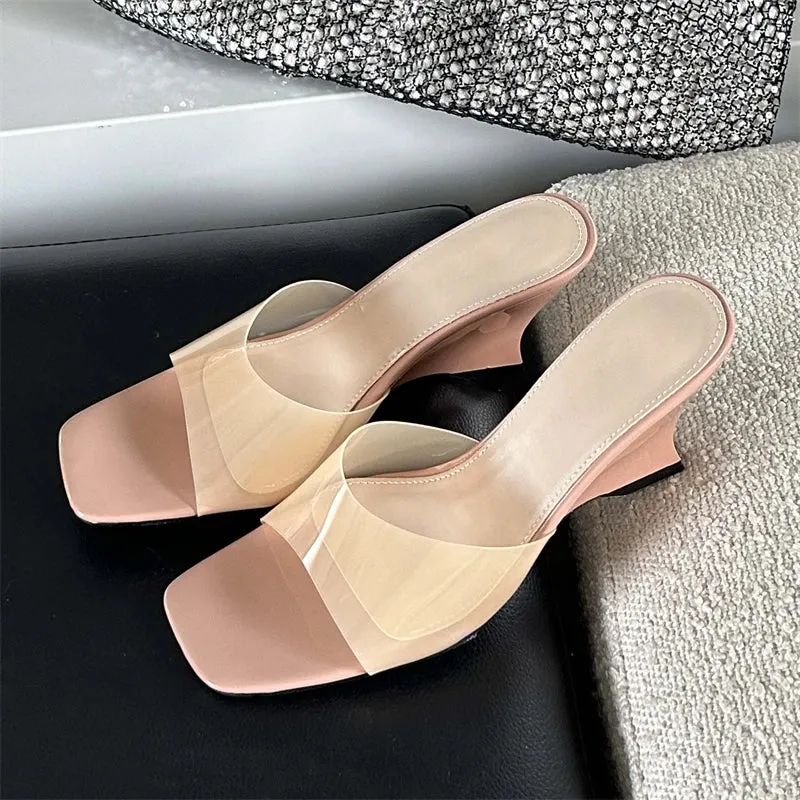 Summer PVC Transparent Candy Women Slippers Open Toe Wedge Mule Slides Shoes Low Heel Pumps