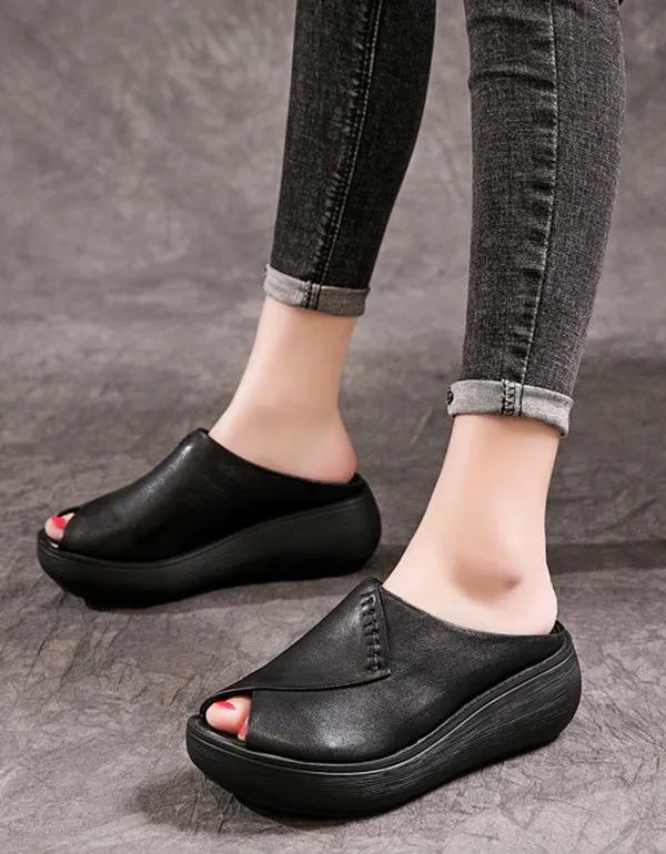 Summer Retro Leather Wedge Fish Toe Slippers