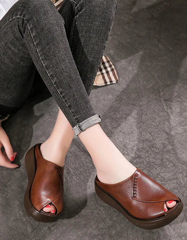 Summer Retro Leather Wedge Fish Toe Slippers