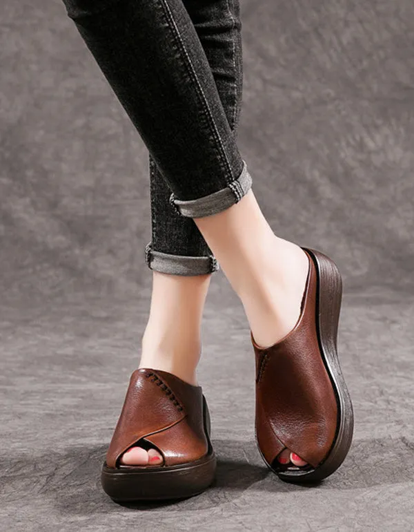 Summer Retro Leather Wedge Fish Toe Slippers