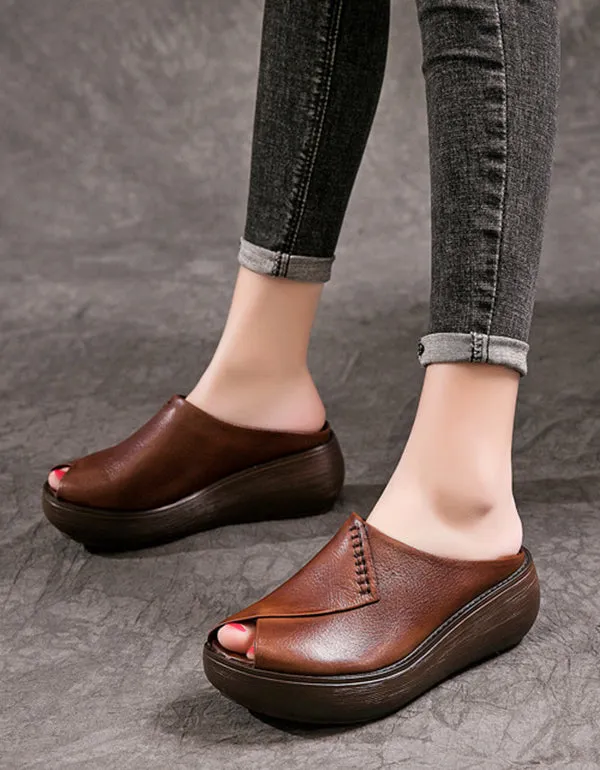 Summer Retro Leather Wedge Fish Toe Slippers