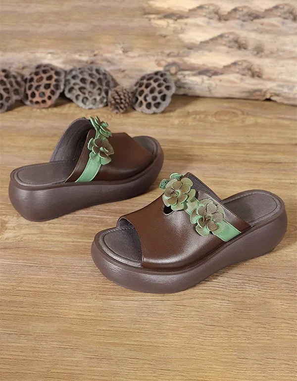 Women's Handmade Flower Retro Wedge Slides 35-44