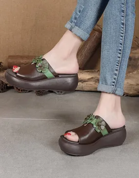 Women's Handmade Flower Retro Wedge Slides 35-44