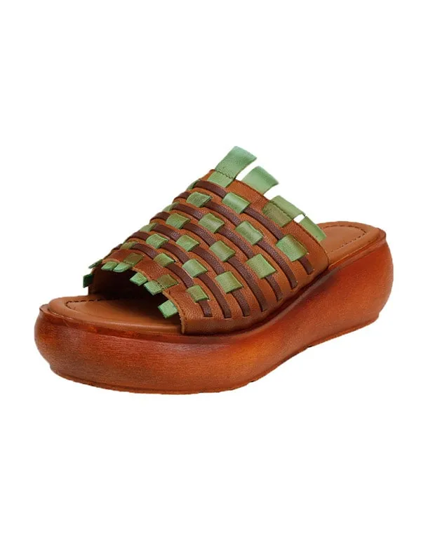 Women's Retro Leather Hand-woven Wedge Slippers